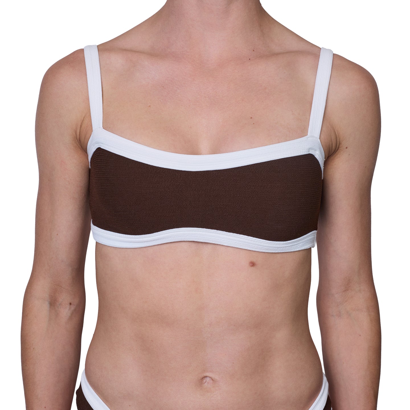 Top de Bikini Escote Semi Recto Tirante Ancho Anna Rib Trenzado Cafe Blanco