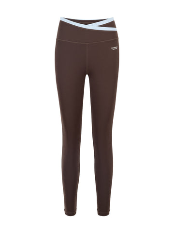 Calza Deportiva Mujer 7/8 Pretina Cruzada Bicolor Chocolate Celeste