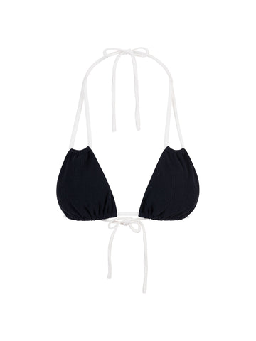 Top de Bikini Triangulo Amarrado al Cuello Nicole Rib Trenzado Negro Blanco