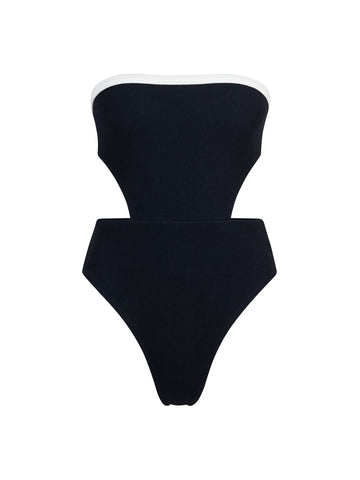 Traje De Baño Entero Trikini Cortes Olimpia Rib Trenzado Negro Blanco
