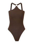 Traje De Baño Entero Escote Halter Adriana Rib Trenzado Cafe