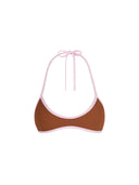 Top de Bikini Escote Redondo Profundo Amarrado al Cuello Alana Rib Trenzado Whiskey Rosa