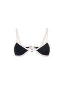 Top de Bikini Escote Redondo Con Argolla Metalica Plateada Almendra Negro Blanco