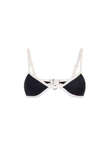 Top de Bikini Escote Redondo Con Argolla Metalica Plateada Almendra Negro Blanco