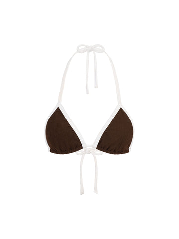 Top de Bikini Triangulo Amarrado al Cuello Becca Rib Trenzado Cafe Blanco