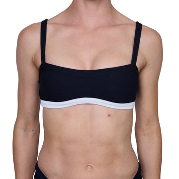 Top de Bikini Escote Semi Recto Tirante Ancho Anna Rib Trenzado Negro Contorno Inferior Blanco
