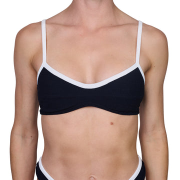 Top de Bikini Escote Redondo Veronica Rib Trenzado Negro Contorno Superior Blanco