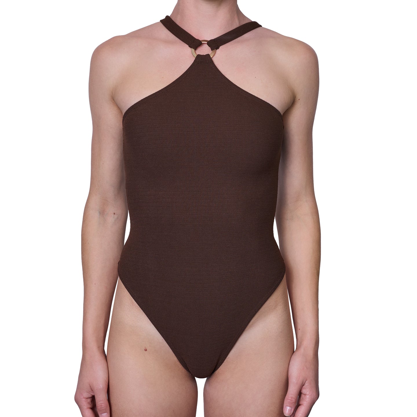 Traje De Baño Entero Escote Halter Adriana Rib Trenzado Cafe