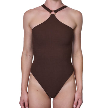 Traje De Baño Entero Escote Halter Adriana Rib Trenzado Cafe