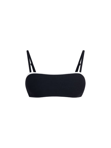 Top de Bikini Escote Recto Tirante Delgado Lorenza Rib Trenzado Negro Contorno Superior Blanco