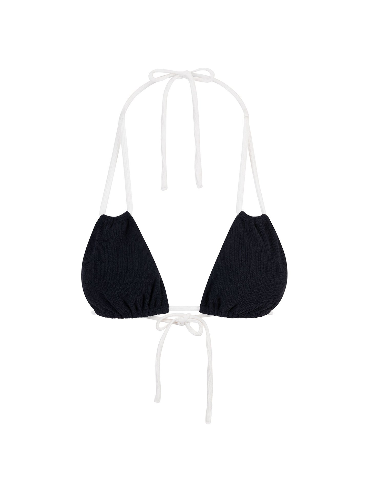 Top de Bikini Triangulo Amarrado al Cuello Nicole Rib Trenzado Negro Blanco