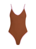 Traje de Baño Escote V Valentina Rib Trenzado Whiskey Rosa