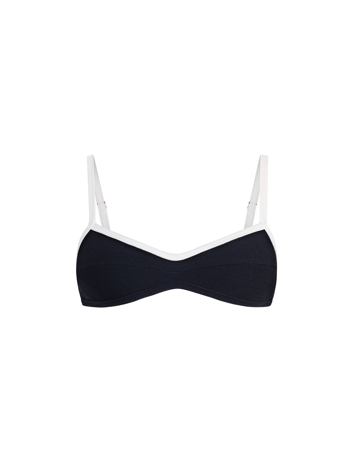 Top de Bikini Escote Redondo Veronica Rib Trenzado Negro Contorno Superior Blanco