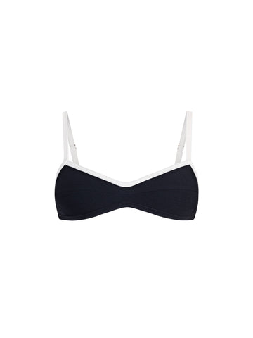 Top de Bikini Escote Redondo Veronica Rib Trenzado Negro Contorno Superior Blanco